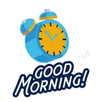 a blue alarm clock with the words " good morning " written below it