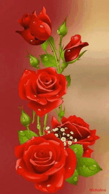 a bunch of red roses with water drops on them