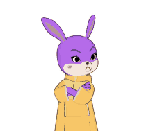 a cartoon rabbit with purple ears and a yellow coat