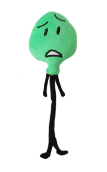 a green stick figure with a sad face and black legs