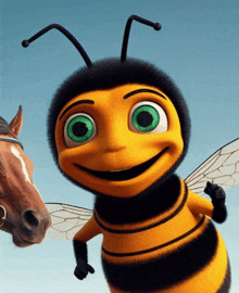 a cartoon bee with green eyes is smiling in front of a horse