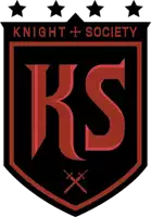 a black and red knight society logo