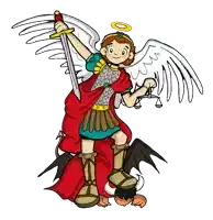 a cartoon of an angel holding a sword and scales of justice