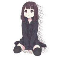 a cartoon girl is sitting on the floor wearing a black hoodie and black knee high socks .