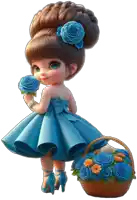 a little girl in a blue dress is holding a bunch of flowers