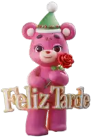 a pink teddy bear is holding a red rose and a sign that says " feliz tarde "