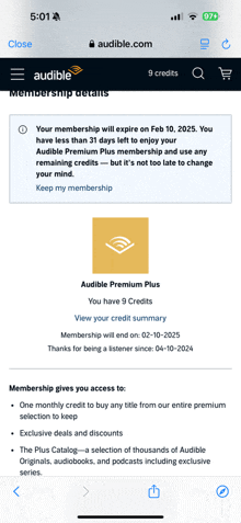 a screenshot of audible premium plus on a phone