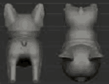 a 3d model of a french bulldog from the front and back on a black background .