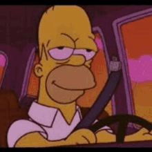 homer simpson is driving a car with his seat belt on .