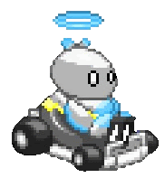 a pixel art drawing of a robot with a blue halo on its head