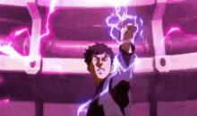 a man is holding a lightning bolt in his hand in a purple room .