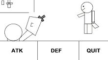 a drawing of a stick figure with the words atk def quit