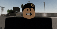 a roblox character wearing a black beret with a gold emblem on it