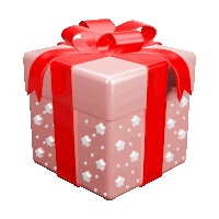 a pink gift box with a red ribbon and a bow