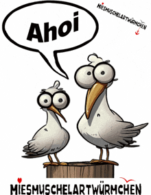 two seagulls standing next to each other with a speech bubble above them that says ahoi