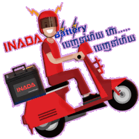 a man is riding a red scooter with a inada battery on the back