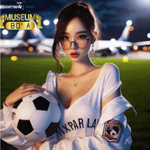 a woman is holding a soccer ball in front of a museum bola logo