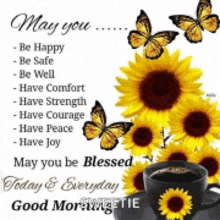 a good morning card with sunflowers and butterflies and a cup of coffee