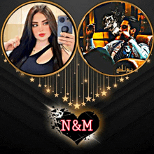 a picture of a woman taking a selfie and a man smoking a cigar with the initials n and m