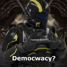 a futuristic soldier is giving a thumbs up with the words democracy written below him