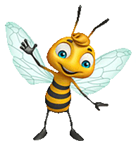 a cartoon bee with wings is waving its hand