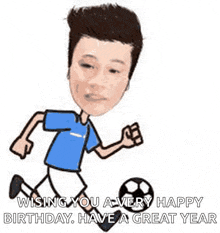 a cartoon of a man kicking a soccer ball and wishing you a very happy birthday .