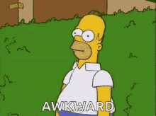 homer simpson from the simpsons is standing in front of a grassy field and says `` awkward '' .