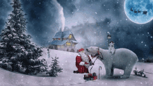 santa claus kneeling down next to a polar bear with gifts