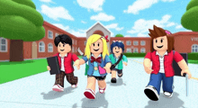 a group of roblox characters are walking in front of a school building