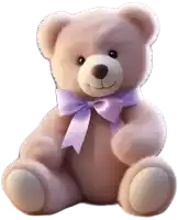 a teddy bear with a purple bow around his neck