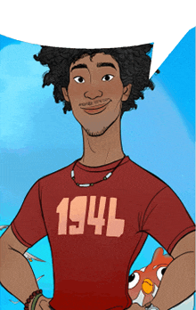 a cartoon man wearing a red shirt that says 1941