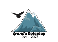 a logo for grande roleplay with a bird flying over a mountain