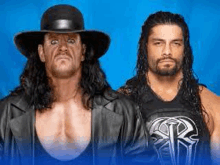 the undertaker and roman reigns are two wrestlers standing next to each other .