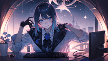 a girl with blue hair is sitting in front of a computer keyboard