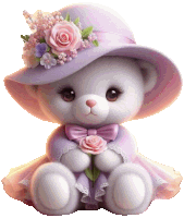 a teddy bear is wearing a purple hat and holding a rose