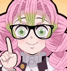 a girl with pink hair and glasses points up