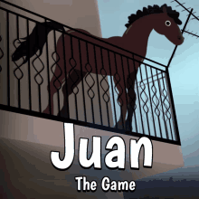 an advertisement for juan the game shows a horse standing on a balcony railing