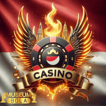 a logo for a casino with wings and a flame coming out of it