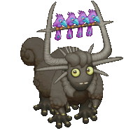 a cartoon drawing of a monster with horns and birds hanging from it