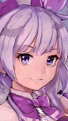 a drawing of a girl with purple hair and a purple bow