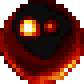 a pixel art illustration of a ghost with glowing eyes and a black mask .