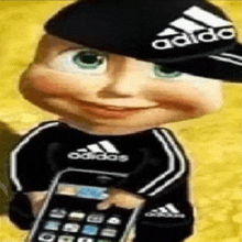 a cartoon character is holding a cell phone and wearing an adidas hat .