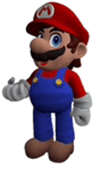 mario is wearing a red hat and blue overalls and is standing in front of a white background .