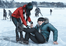 a drawing of a woman helping a man on ice skates by diazora.tumblr.com