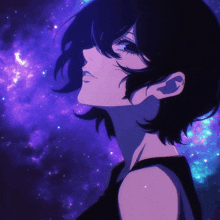 a girl with short black hair is looking up at the stars