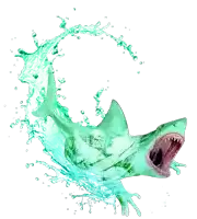 a green shark is surrounded by a splash of water