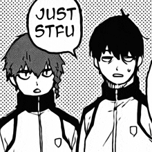 two anime characters are standing next to each other with a speech bubble saying just stfu