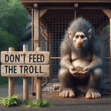 a troll is holding food in front of a sign that says " don 't feed the troll "