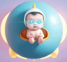 a baby wearing a helmet is sitting in a blue ball .