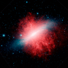 a red and blue galaxy surrounded by stars in the night sky